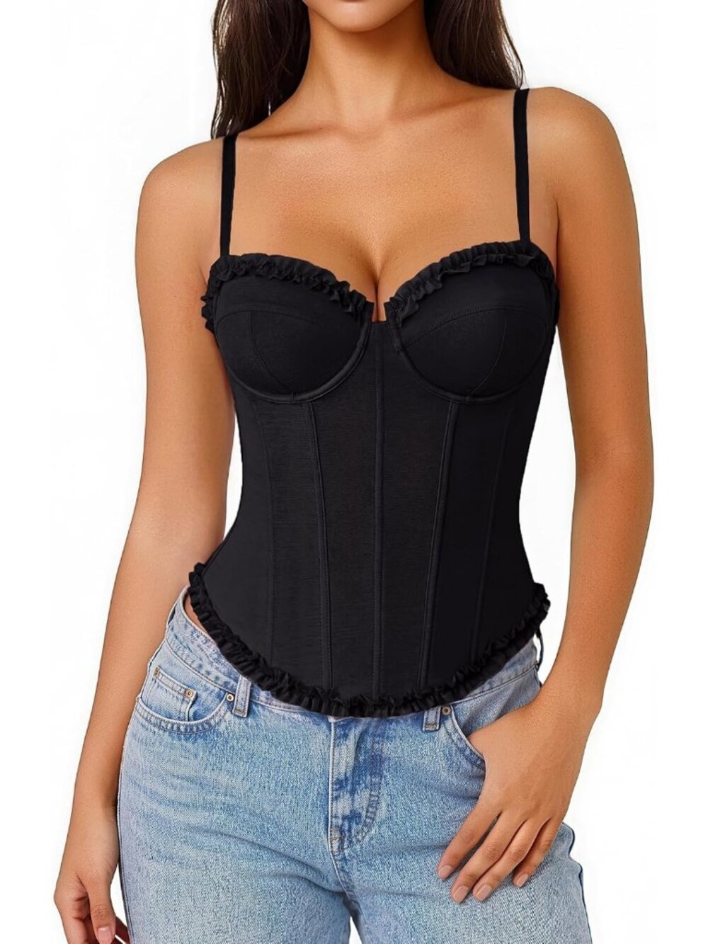 Women's Black Rows Hooks Adjustable Straps V Neck Bustier Underwire Corset Top